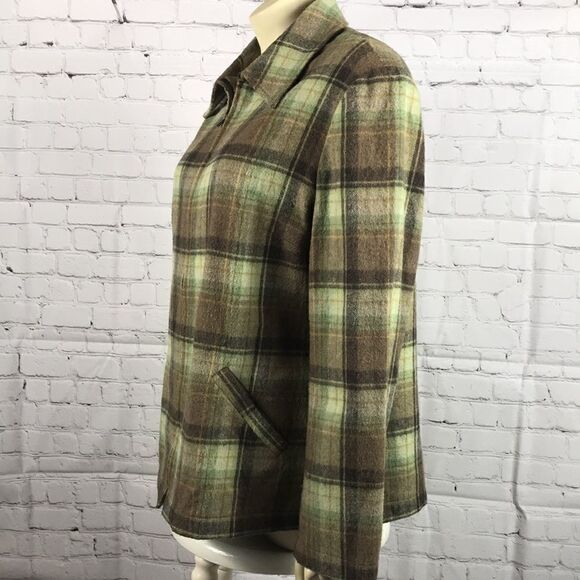 Evan Piccone size 14 Wool Plaid blend Shirt coat, EUC Green Browns Shacket - Picture 3 of 6